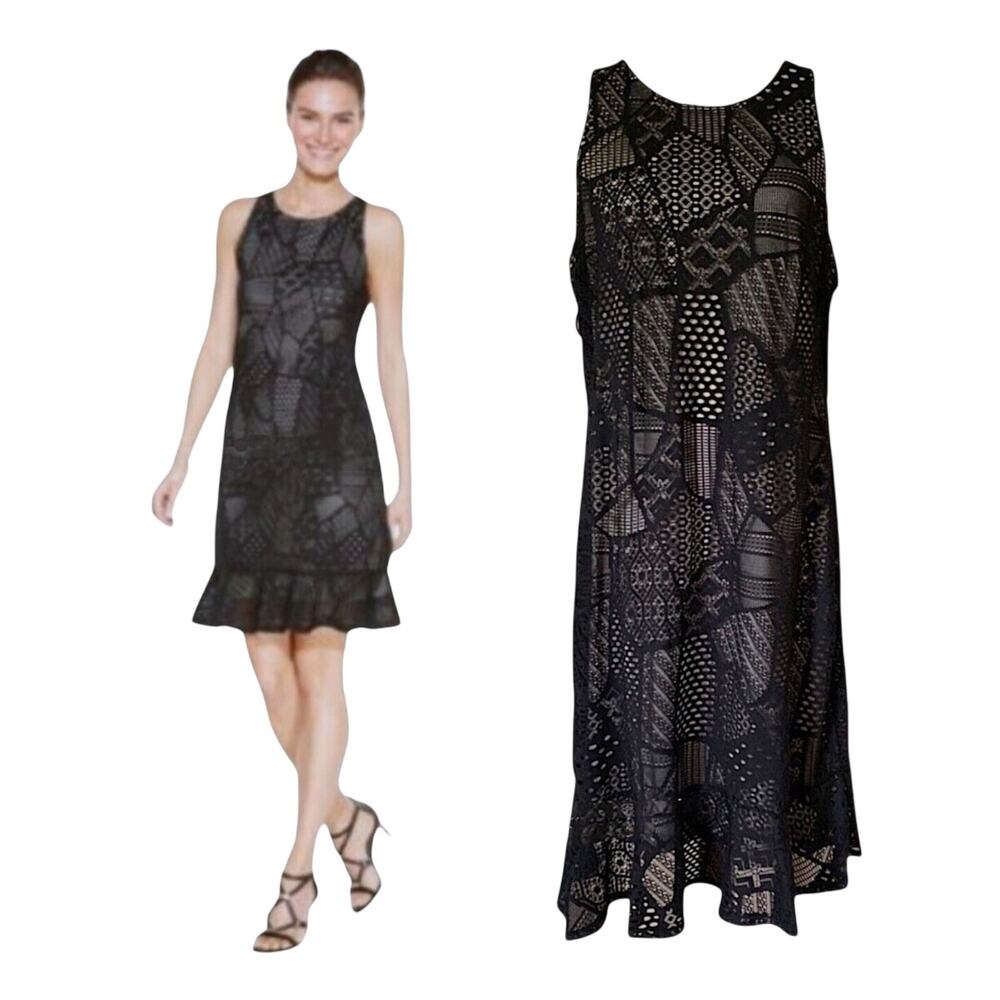 Alfani Women's Plus Size 1X Lace Overlay Ruffled Sheath Dress Black Feminine